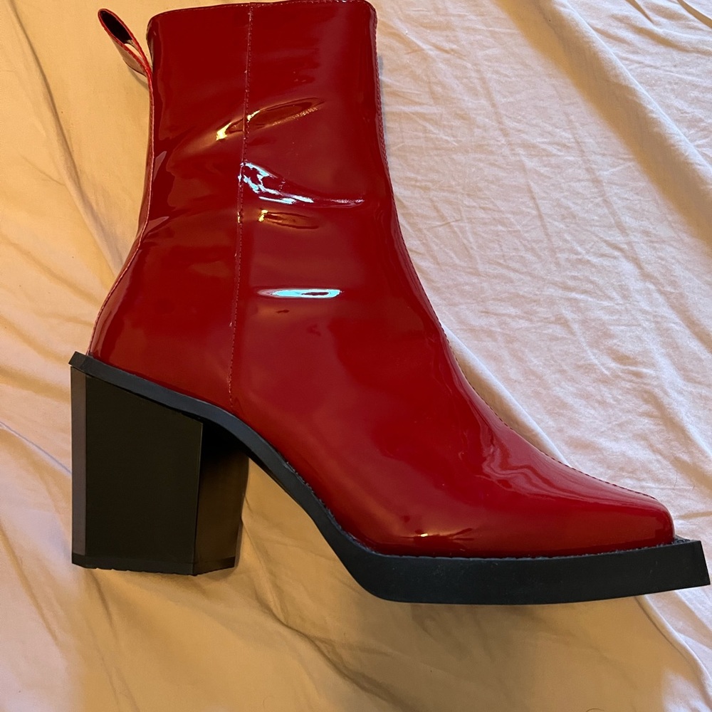 Unisex unworn ASOS red faux leather boots